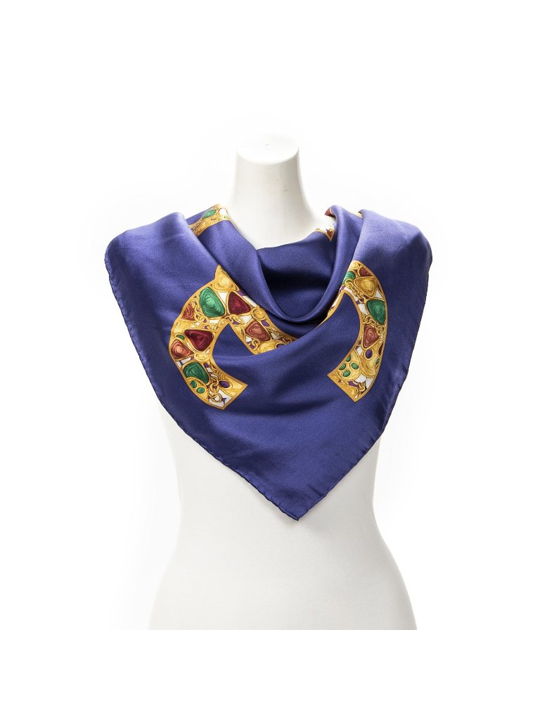 Chanel Scarf Blue Gold Silk